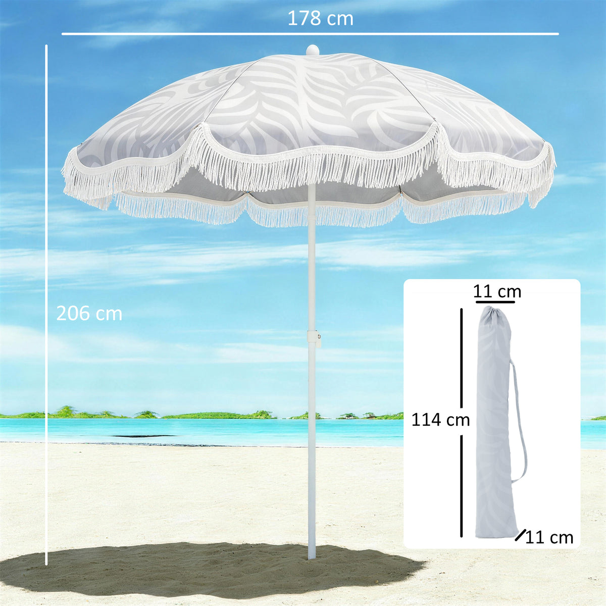 Outsunny 1.8 m Beach Umbrella Parasol with Sand Anchor, Portable Tilting Garden Parasol with Adjustable Height, Light Grey