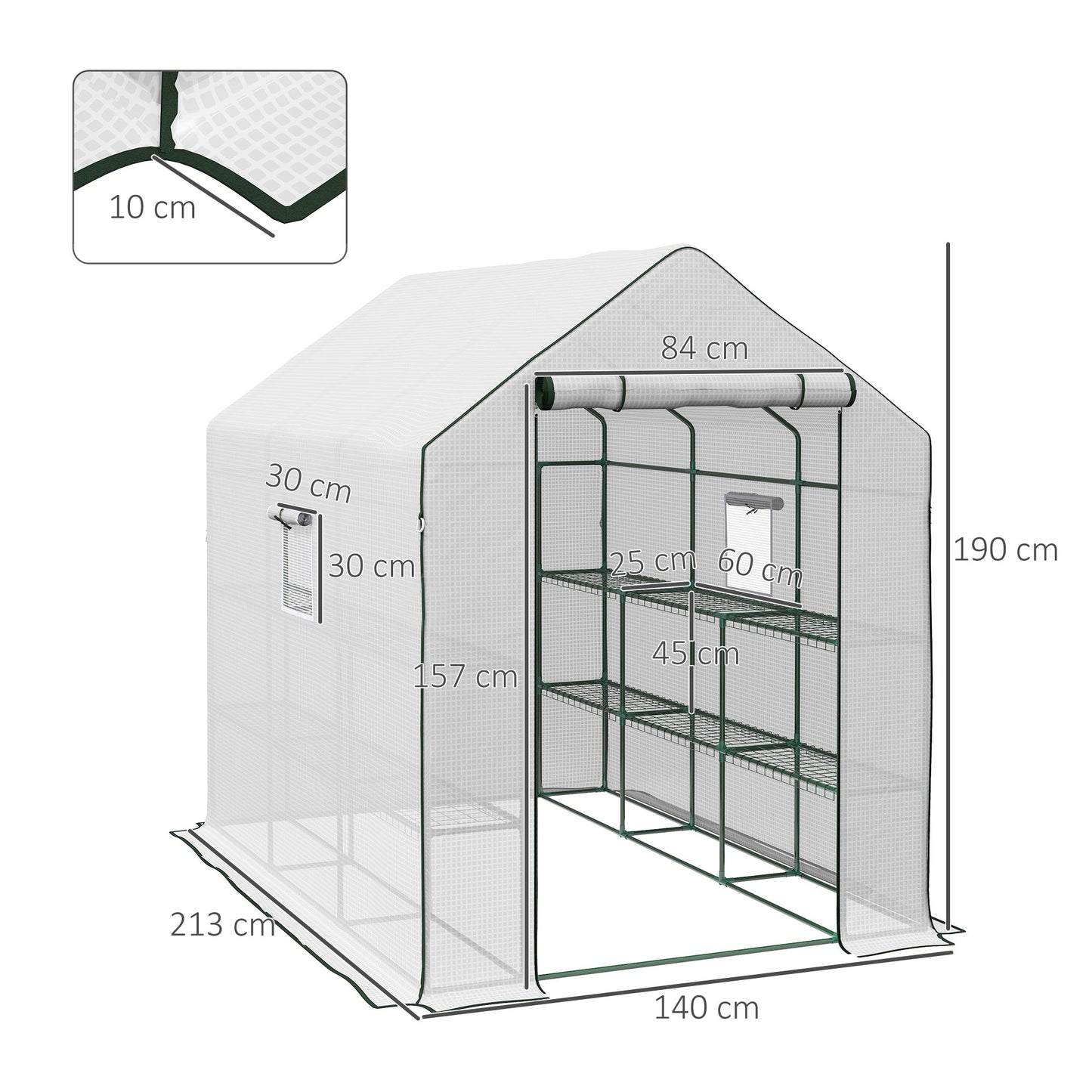 Szklarnia typu walk-in Outsunny z 3 poziomami i 12 półkami, mała szklarnia ze wzmocnioną osłoną z PE, szklarnia do uprawy roślin ogrodowych z drzwiami zwijanymi i trzema oknami z siatki, 140 x 213 x 190 cm, biała