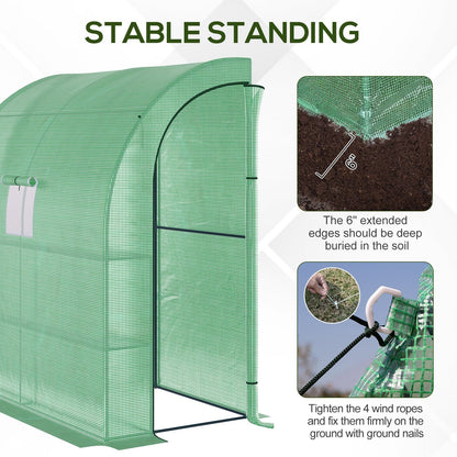Outsunny Walk-In Lean to Wall Szklarnia z Oknami i Drzwiami, Zewnętrzna Szklarnia z 3 Poziomami 4 Półkami Drucianymi, 200L x 100W x 215Hcm, Zielony