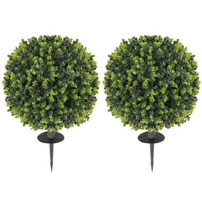 HOMCOM Set of 2 40 cm Artificial Boxwood Topiary Ball Bush with Integrated Ground Stake, Eucalyptus Leaves, Indoor Outdoor UV Resistant Faux Greenery, Faux Plants for Garden, Porch, Balcony