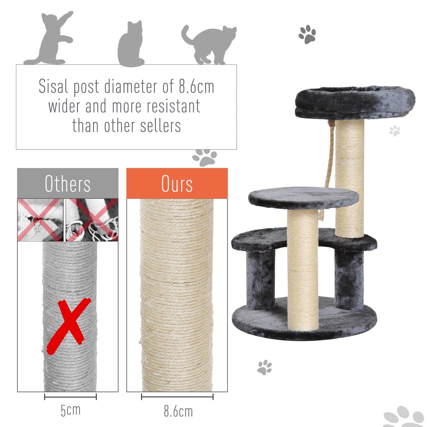 Pawhut 65 cm Cat Tree Kitty Scratcher Kitten Activity Center Scratching Post Playhouse 2 Perch w/Hanging Sisal Rope Grey