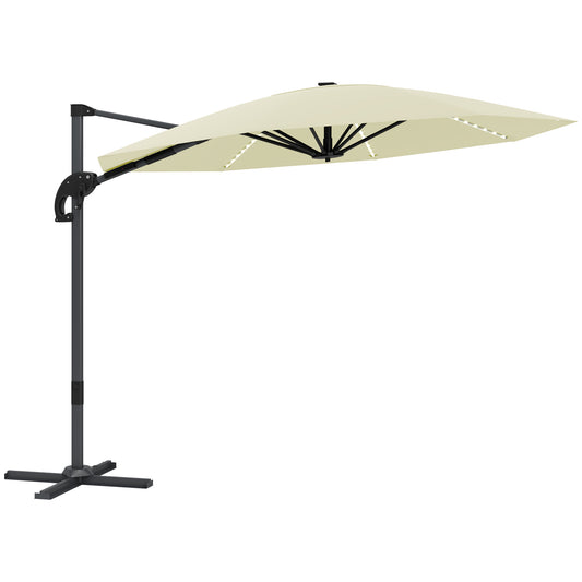 Outsunny 3(m) parasol ogrodowy Cantilever z lampami zasilanymi energią słoneczną, korbką i podstawą krzyżową, UPF 50+, obrót 360√Ç¬∞, kremowy