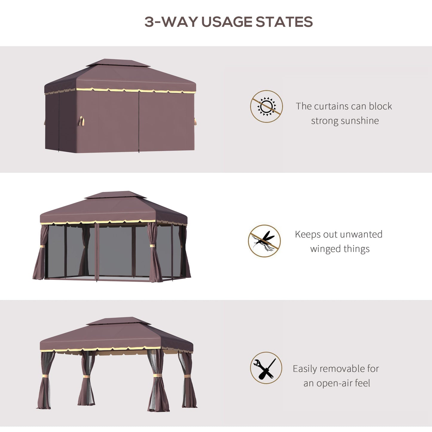 Outsunny 3 x 4m Aluminium Garden Gazebo, Marquee Canopy Shelter Pavilion Party Tent with Nets and Curtains for Garden, Lawn, Backyard and Deck, Coffee