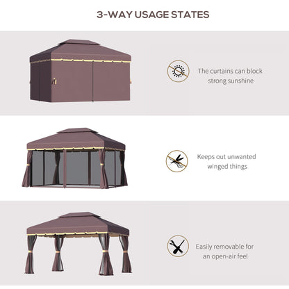 Outsunny 3 x 4m Aluminium Garden Gazebo, Marquee Canopy Shelter Pavilion Party Tent with Nets and Curtains for Garden, Lawn, Backyard and Deck, Coffee