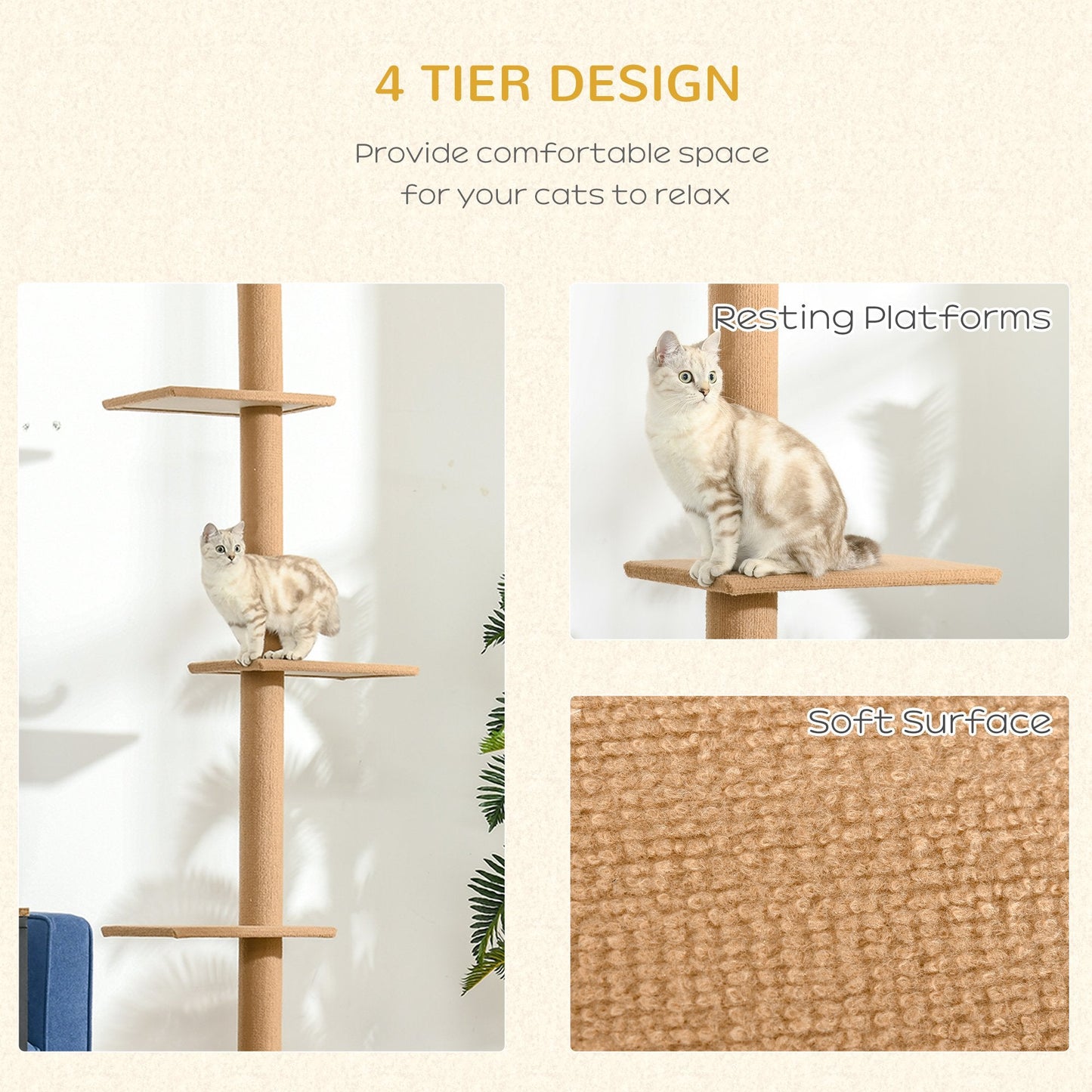 PawHut 260cm Floor To Ceiling Cat Tree w/ 3 Perches Flannel Upholstery Kitten Pet Rest Sleep Activity Tower Home Furniture Brown