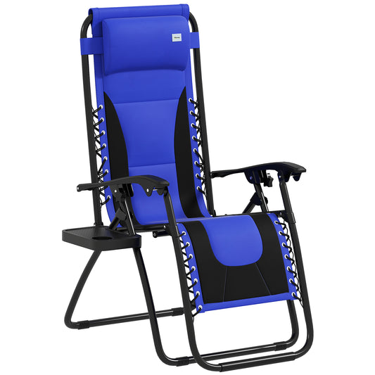Outsunny Zero Gravity Lounger Chair, składany rozkładany fotel ogrodowy z wyściełanym siedziskiem, uchwytem na kubek, miękką poduszką i zagłówkiem do użytku przy basenie, kempingowy, niebieski