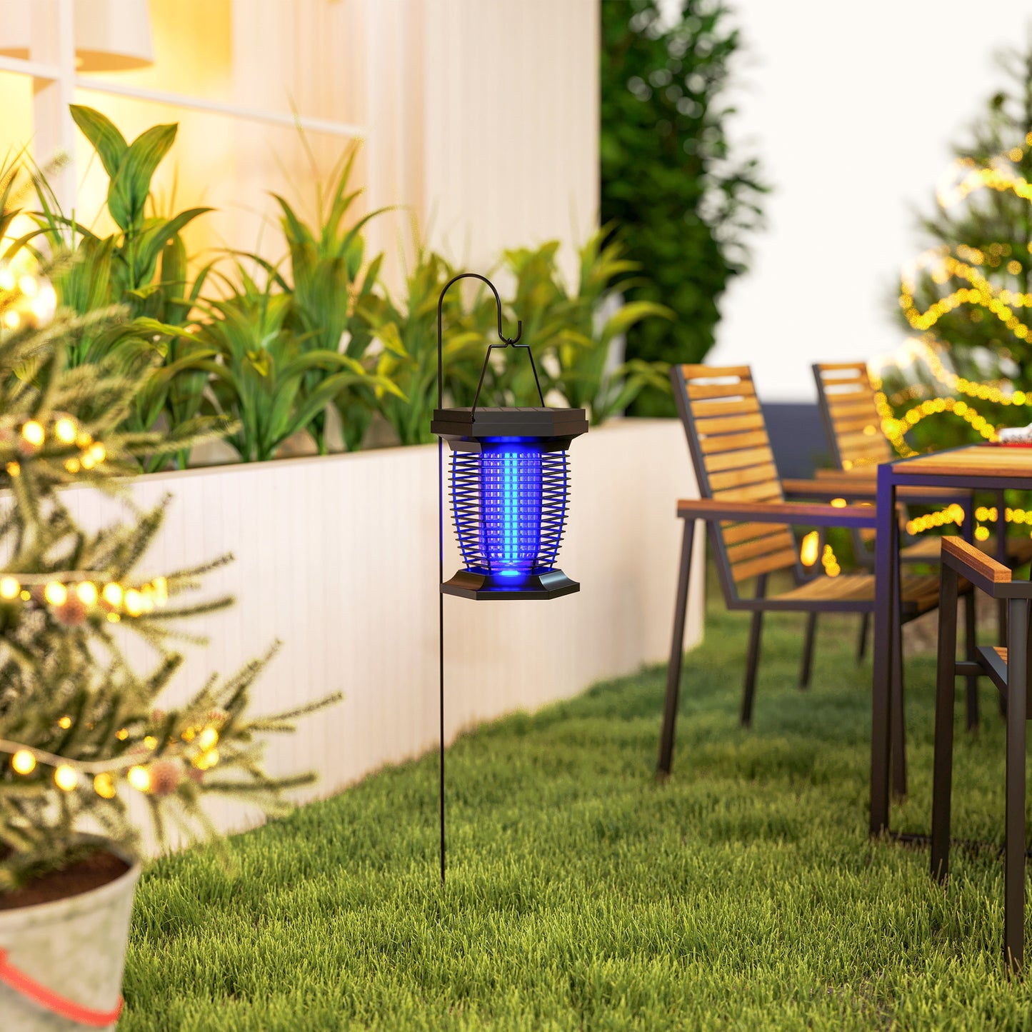Elektryczna pułapka na muchy Outsunny 2 w 1 z lampą UVA, wisząca lampa ogrodowa, solarna i ładowana przez USB-DC, pułapka na owady i komary, do użytku wewnątrz i na zewnątrz, czarna