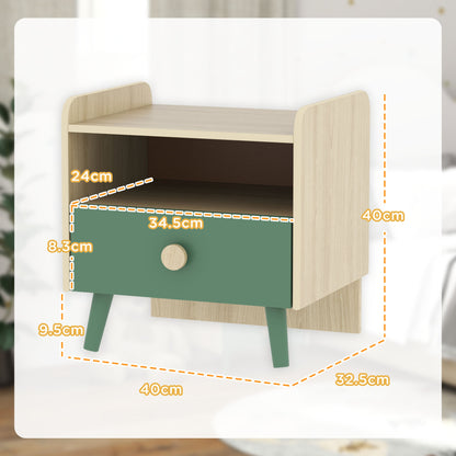 AIYAPLAY Kids Bedside Table with Drawer and Open Storage Shelf, Wooden Nightstand for Bedroom, Bedside Cabinet, Green