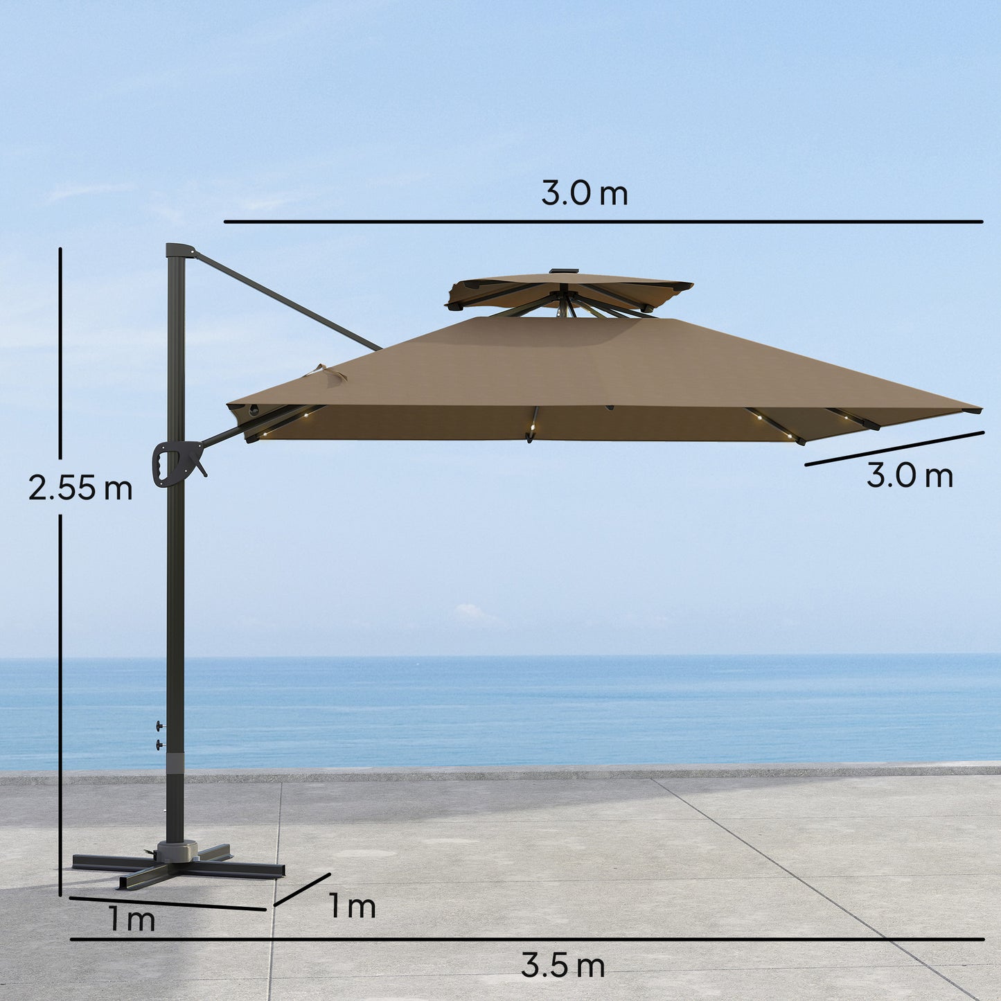 Outsunny 3.5x3 m Garden Cantilever Parasol with Solar LED Lights and Centre Light, UPF50+ Aluminium Patio Umbrella with 360√Ç¬∞ Rotation and Tilt, Hanging Sun Shade with Cross Base, Crank Handle, Khaki