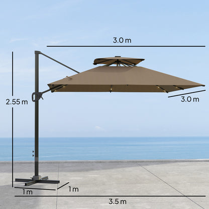 Outsunny 3.5x3 m Garden Cantilever Parasol with Solar LED Lights and Centre Light, UPF50+ Aluminium Patio Umbrella with 360√Ç¬∞ Rotation and Tilt, Hanging Sun Shade with Cross Base, Crank Handle, Khaki