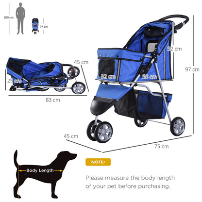 PawHut Dog Pram Pet Travel Stroller Dog Pushchair مع ثلاث عجلات - أزرق