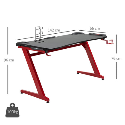 HOMCOM 142 x 66 cm Gaming Desk, Carbon Fibre Covered Computer Desk, Gamer Workstation with Headphone Hook, Cup Holder and Gamepad Storage Rack, Black and Red