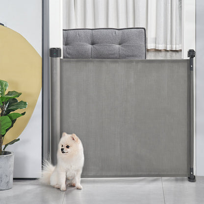 PawHut Retractable Stair Gate for Dogs 140cm Extendable, 88cm Tall, Extra Wide Foldable Mesh Pet Safety Gate with Single Hand Operation, for Doorways, Hallways, Stairs - Grey