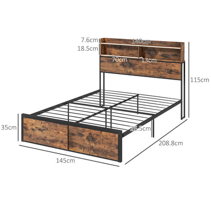 Retro Style Industrial Double Bed Frame, 4.8FT Steel Bed Base w/ Storage Headboard, Footboard, Under Bed Storage, 145 x 209cm, Rustic Brown