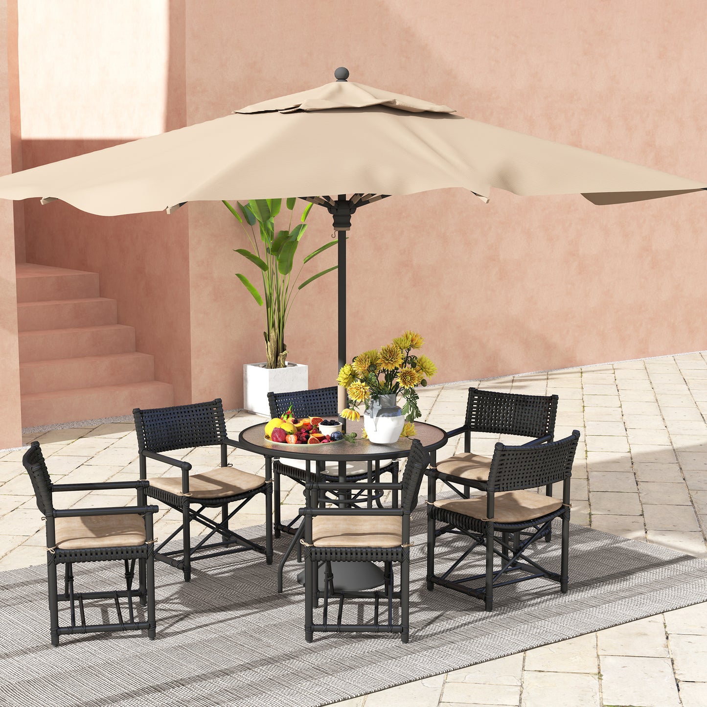 Outsunny 100 cm Round Dining Table with Parasol Hole, Outdoor Coffee End Side Table with Tempered Glass Top, Steel Frame for Garden, Black
