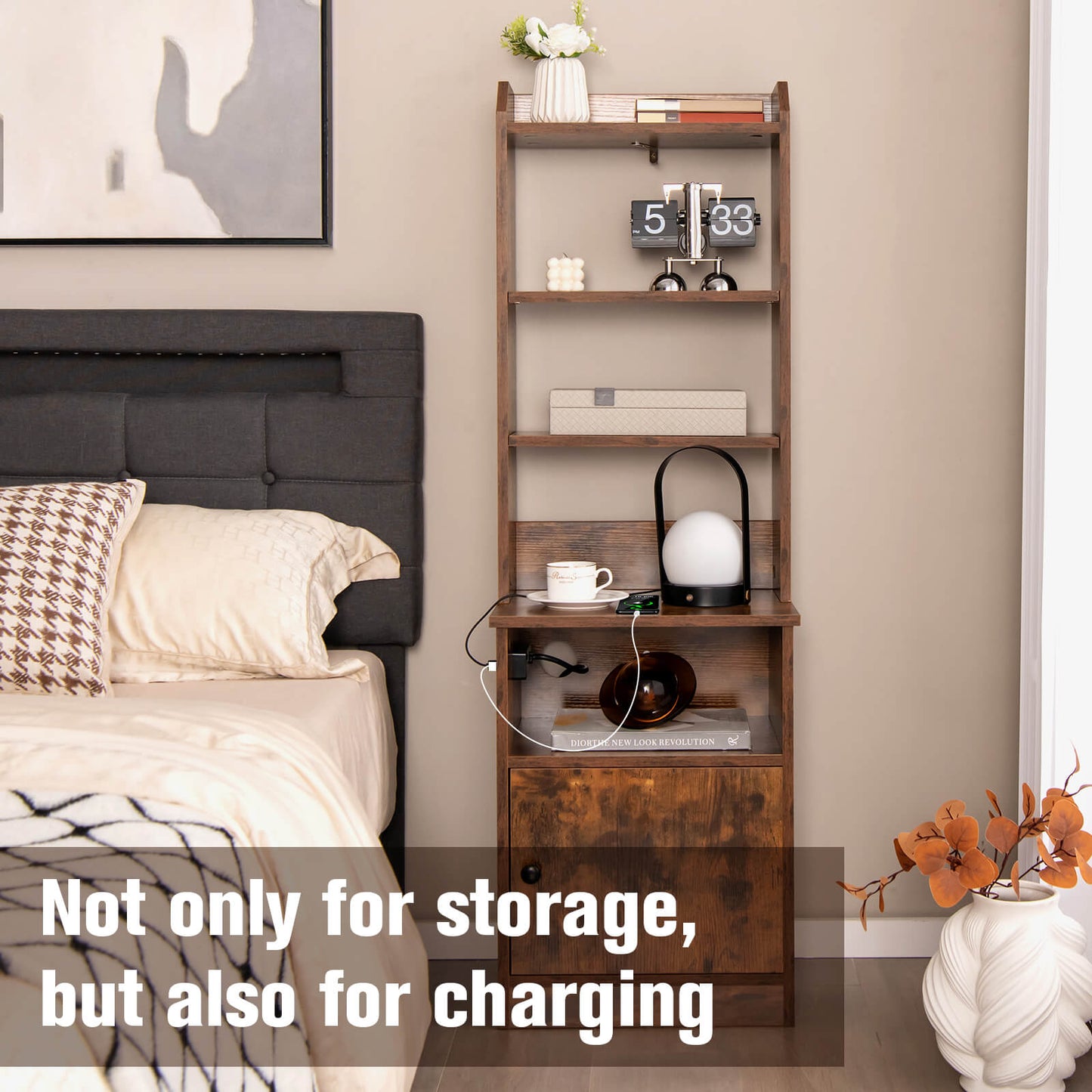 6-Tier Nightstand with Charging Station Tall with Shelf and Cabinet-Rustic Brown