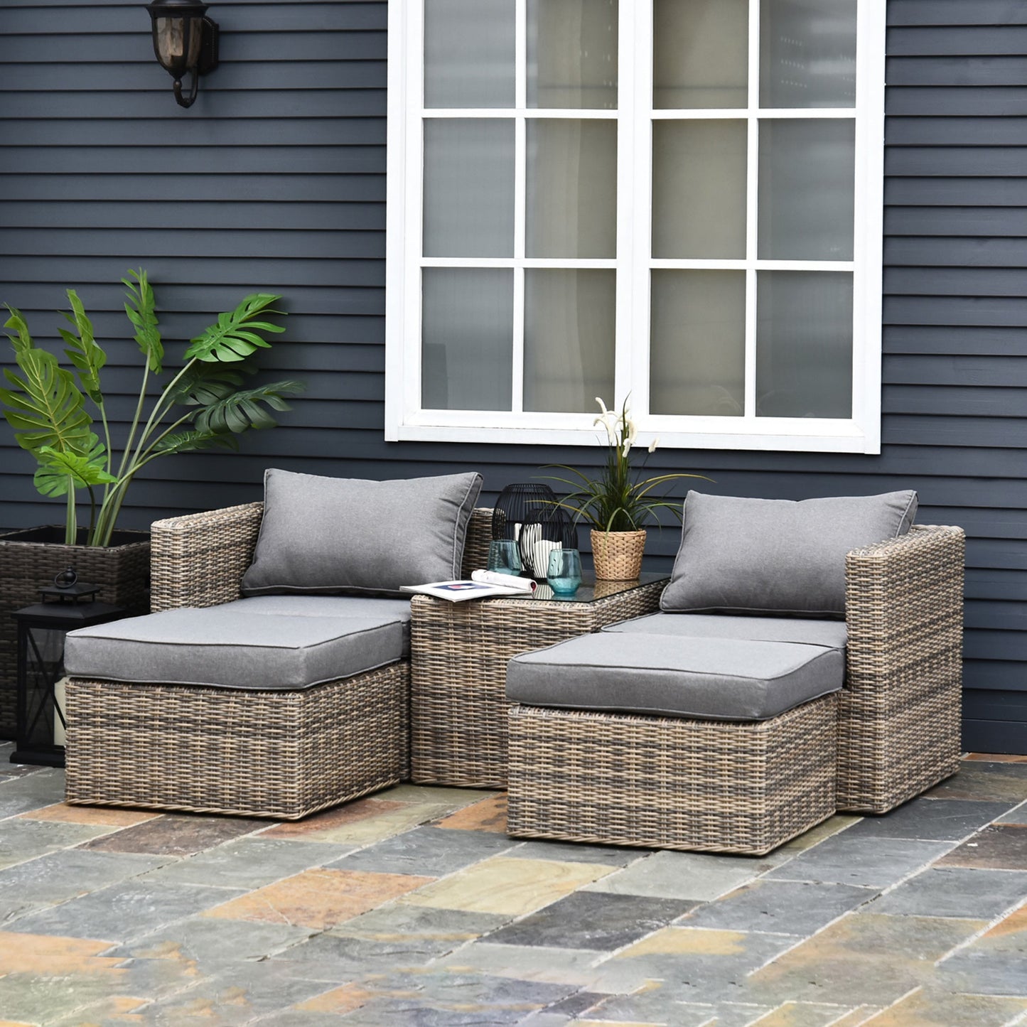 Outsunny 5 Piece Rattan Garden Furniture Set w/ 10cm Thick Cushions, Aluminium Frame Wicker Outdoor Balcony Sofa Set with Corner Armchairs, Ottomans, and Glass Top Table, Mixed Brown