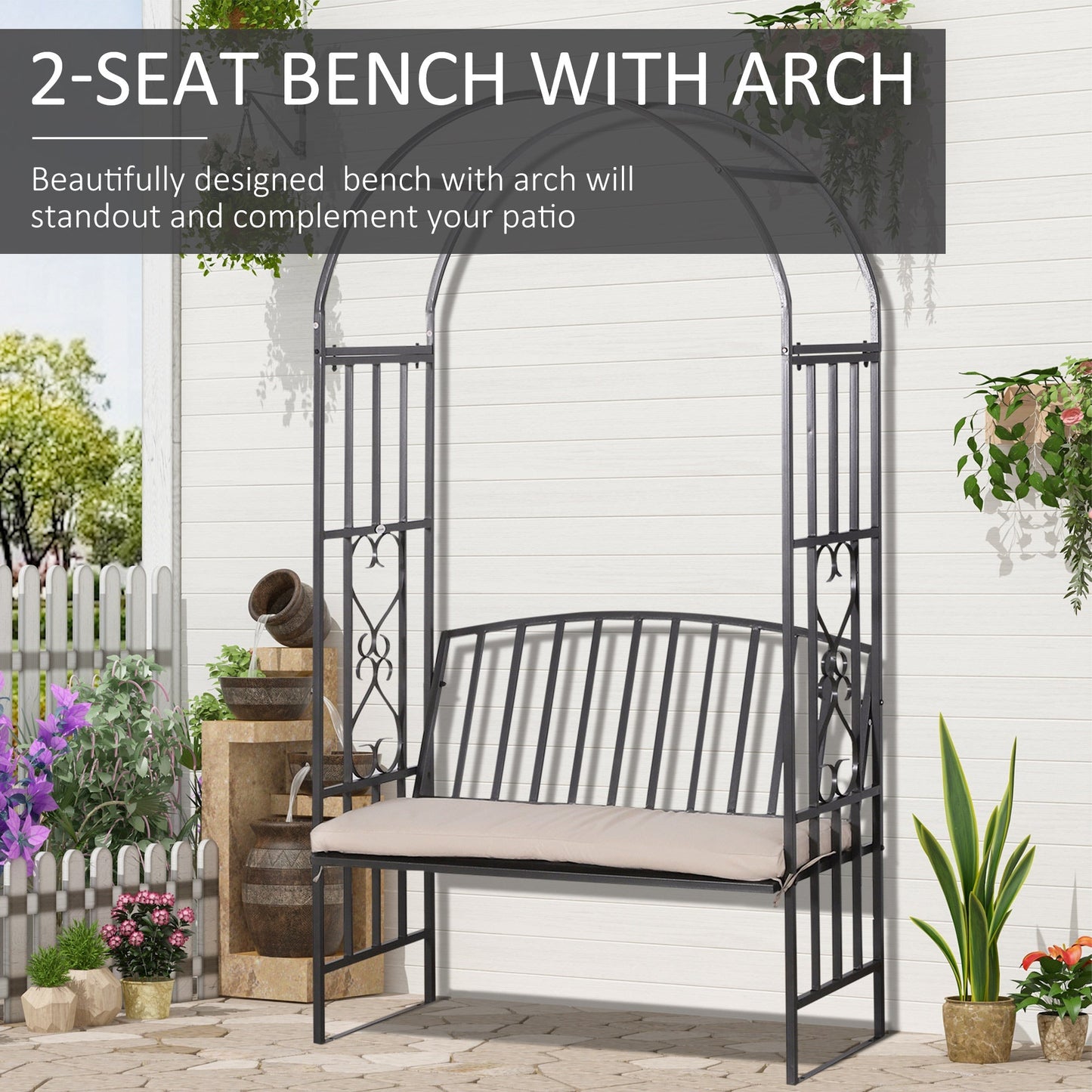 114x 60 x 206 cm Outsunny Garden Metal Arch Bench, Outdoor Furniture Chair with Cushion Outdoor Patio Rose Trellis Arbour Pergola, for Climbing Plant