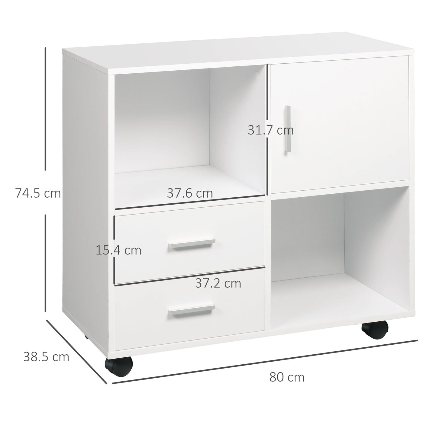 Vinsetto Printer Stand with Wheels, Mobile Printer Table with Open Shelves, Drawers and Enclosed Compartment for Home Office, 80W x 38.5D x 74.5Hcm, White