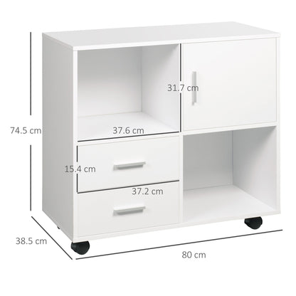 Vinsetto Printer Stand with Wheels, Mobile Printer Table with Open Shelves, Drawers and Enclosed Compartment for Home Office, 80W x 38.5D x 74.5Hcm, White