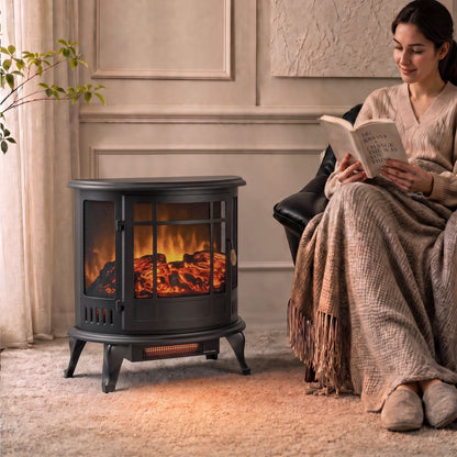 HOMCOM Electric Fireplace Stove, Freestanding Electric Fire Heater with Realistic LED Flame, 2000W, Black