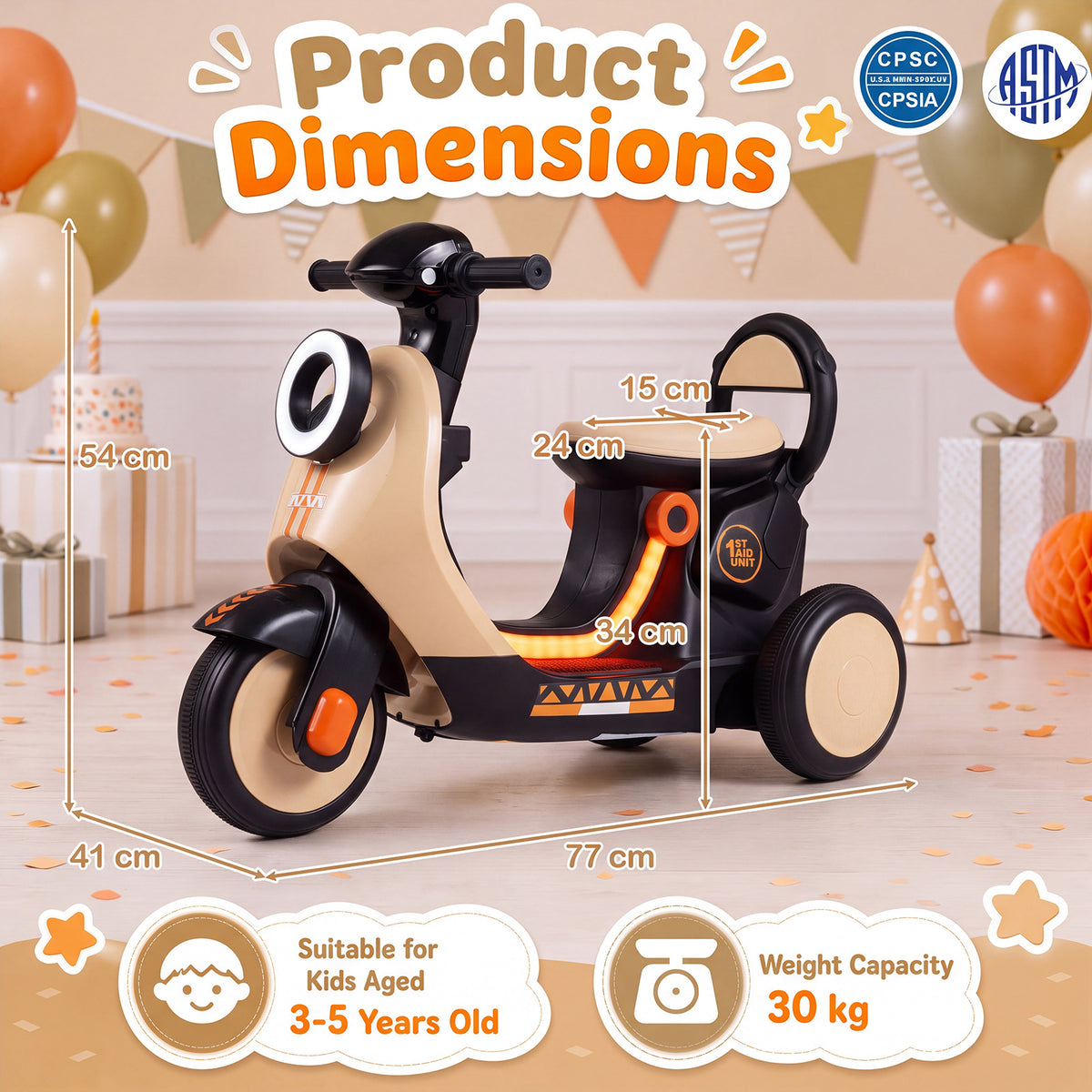6V Battery Powered Ride on Motorcycle with Light-Up Deck and Music for Kids Aged 3+-Orange