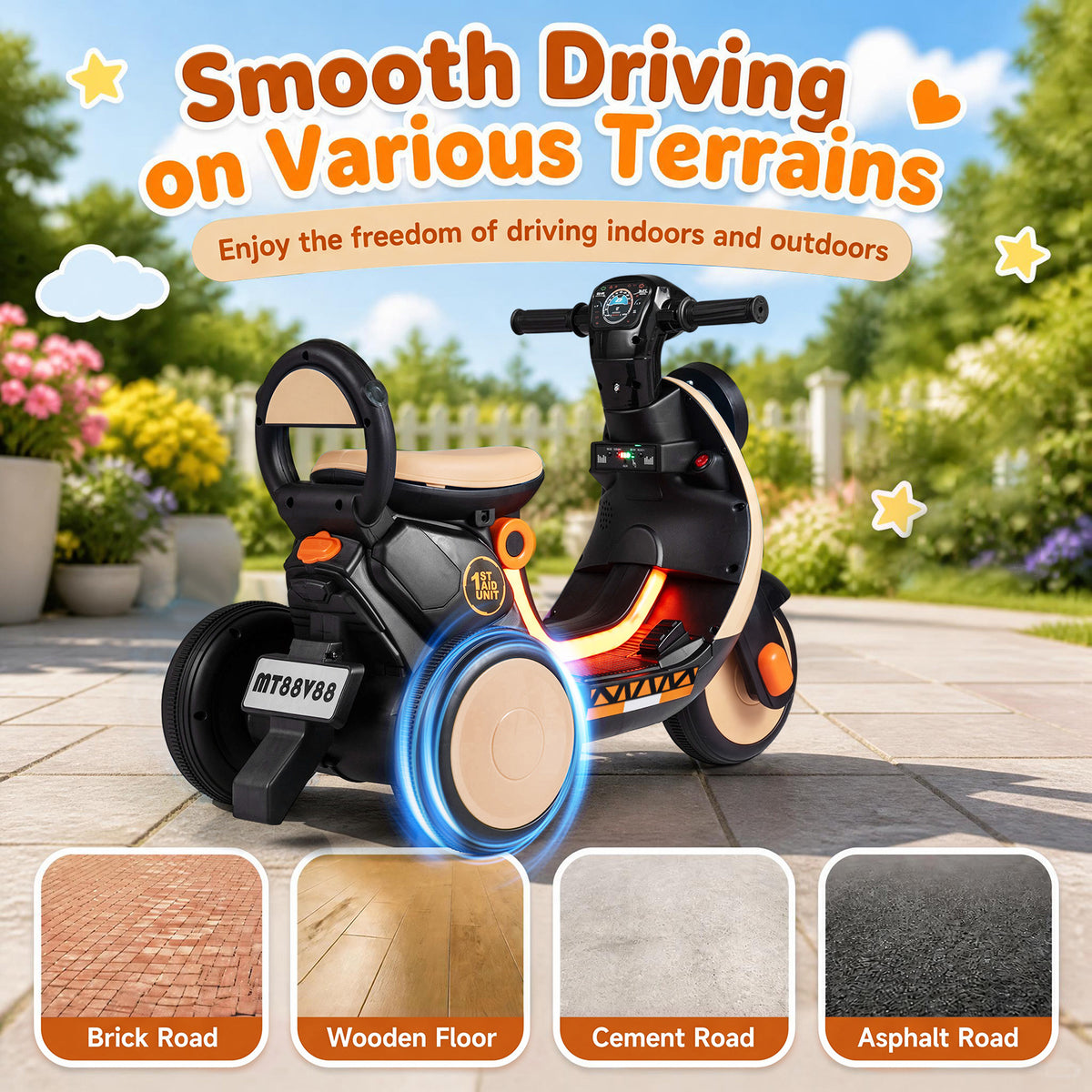 6V Battery Powered Ride on Motorcycle with Light-Up Deck and Music for Kids Aged 3+-Orange