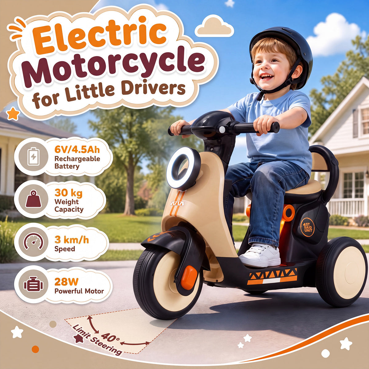6V Battery Powered Ride on Motorcycle with Light-Up Deck and Music for Kids Aged 3+-Orange