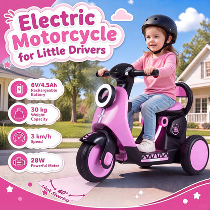 6V Battery Powered Ride on Motorcycle with Light-Up Deck and Music for Kids Aged 3+-Pink