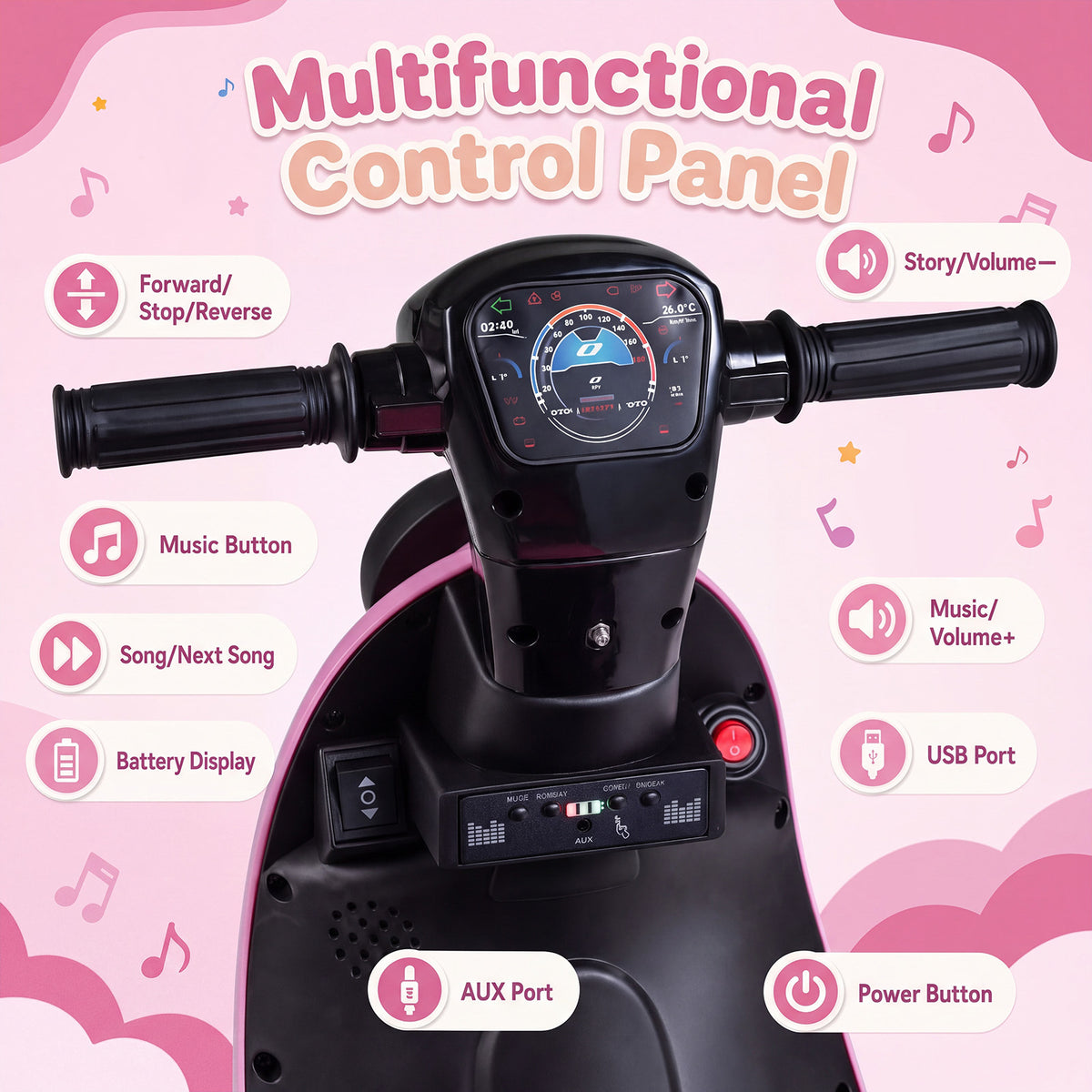 6V Battery Powered Ride on Motorcycle with Light-Up Deck and Music for Kids Aged 3+-Pink