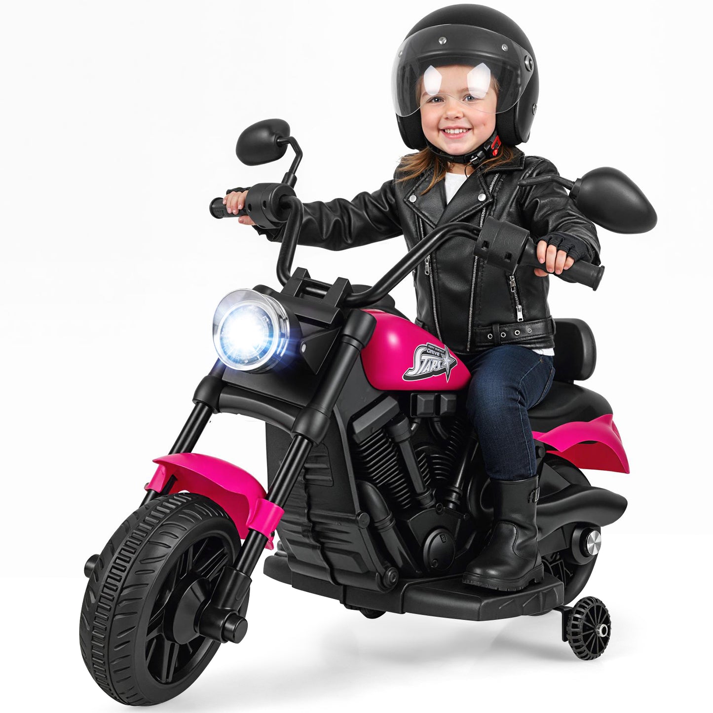 6V Kids Electric Motorbike with Detachable Training Wheels and Music-Rose