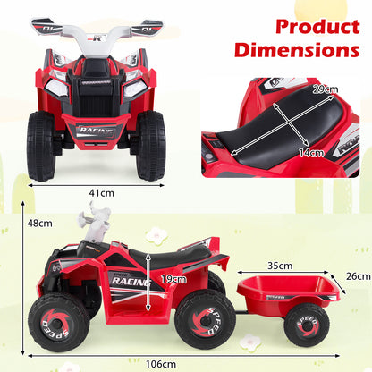 6V Kids Electric Quad with Removable Back Trailer Toddler Ride On ATV-Red
