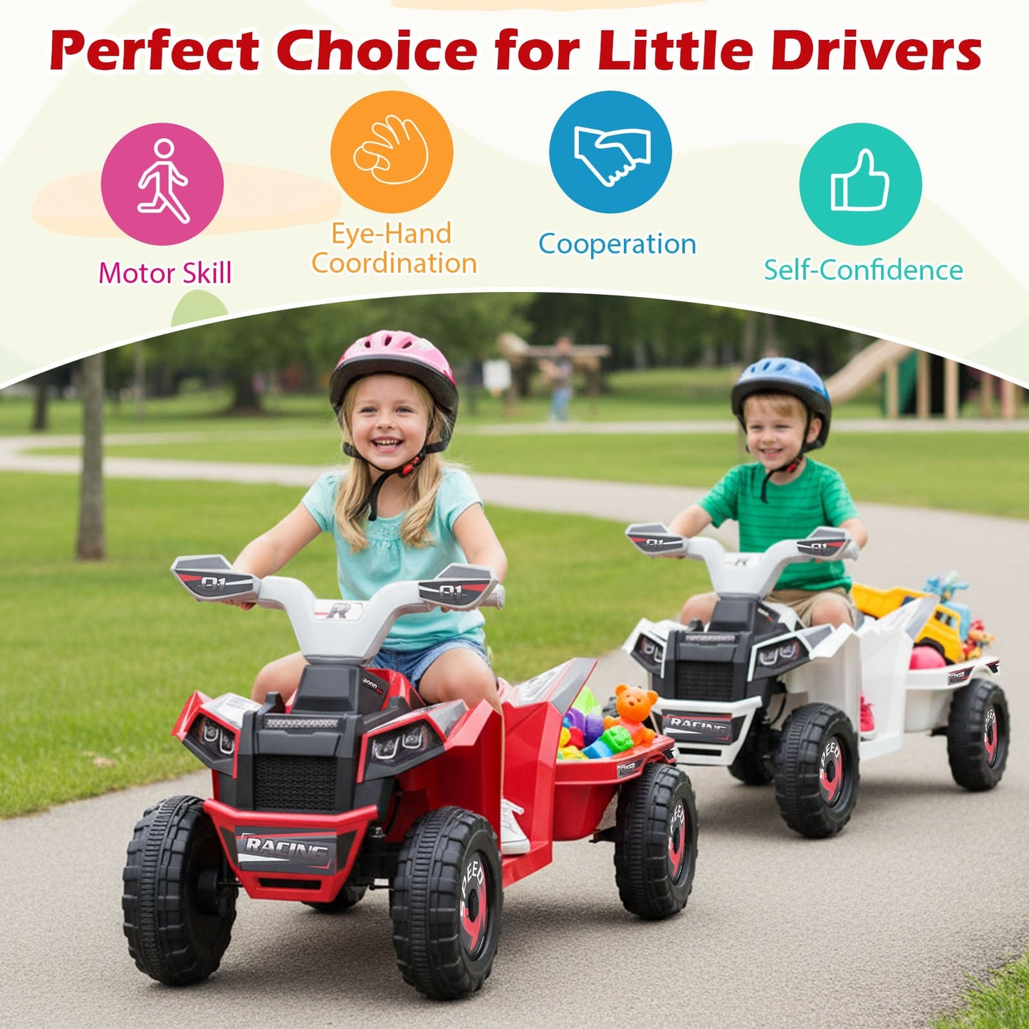 6V Kids Electric Quad with Removable Back Trailer Toddler Ride On ATV-Red