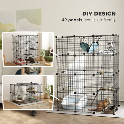 PawHut Four-Tier DIY Large Cat Cage with Hammock, Ramps, Five Doors, Indoor Use for 1-3 Cats, Black