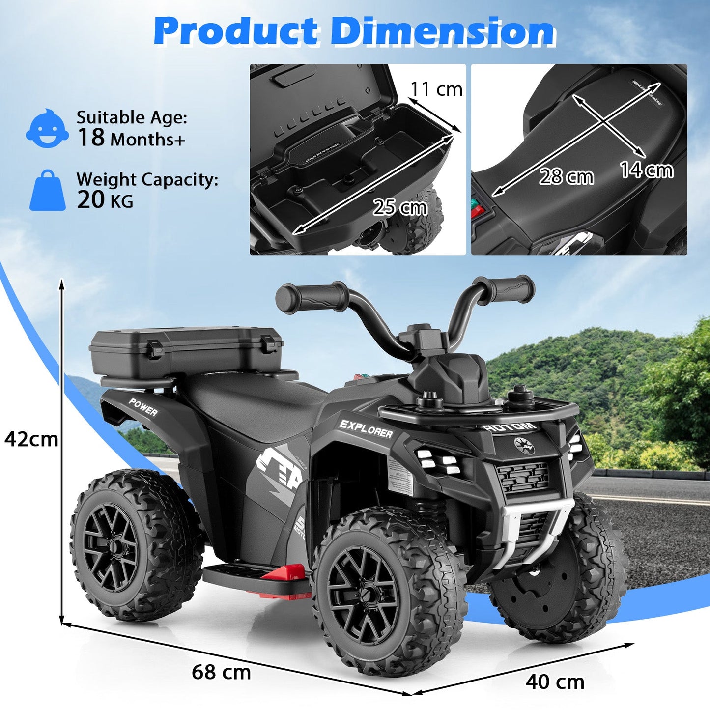 6V Kids Electric Quad Bike with Spray Function and Storage Box-Black