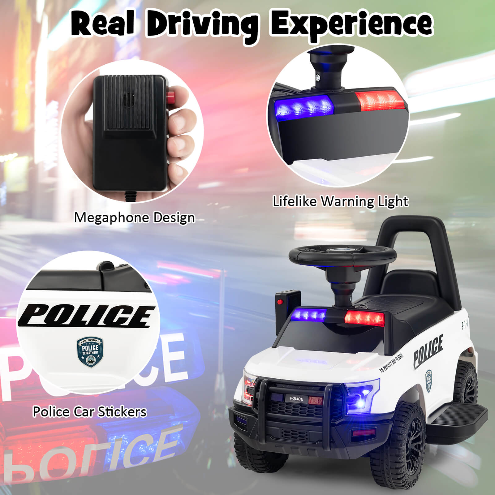 6V Kids Ride On Police Car with Side Megaphone-White