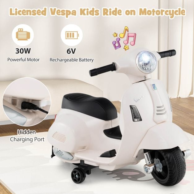 6V Kids Ride on Motorcycle Vespa Licensed with Lights and Horn Sound-White