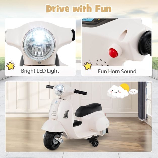6V Kids Ride on Motorcycle Vespa Licensed with Lights and Horn Sound-White