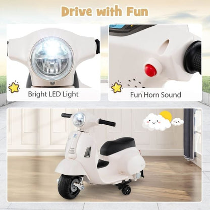 6V Kids Ride on Motorcycle Vespa Licensed with Lights and Horn Sound-White