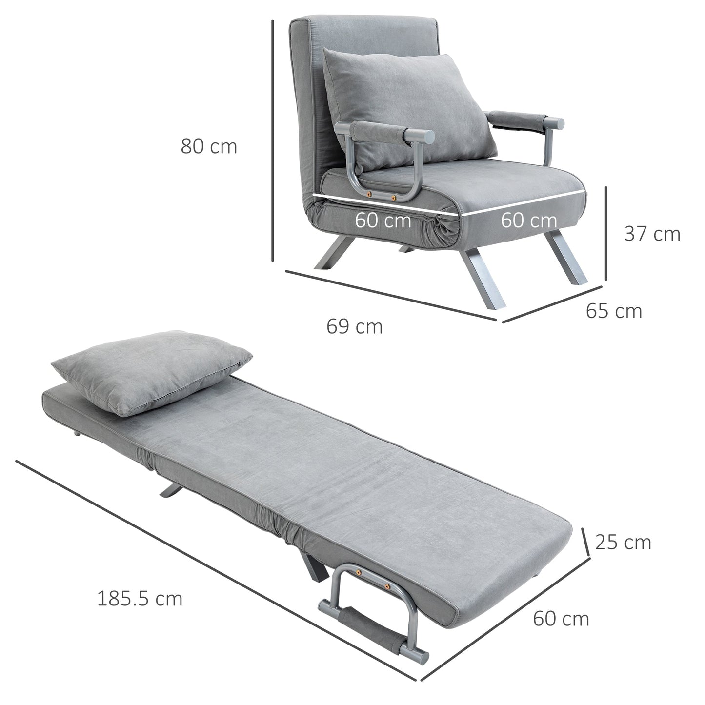 Fotel rozkładany futon HOMCOM Suedette z regulowanym oparciem - szary