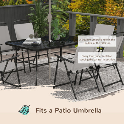 Outsunny 7 Piece Garden Furniture Set with Glass Dining Table and Folding Chairs, W/ Umbrella Hole, 6 Seater Outdoor Patio Furniture for Deck and Balcony, Black