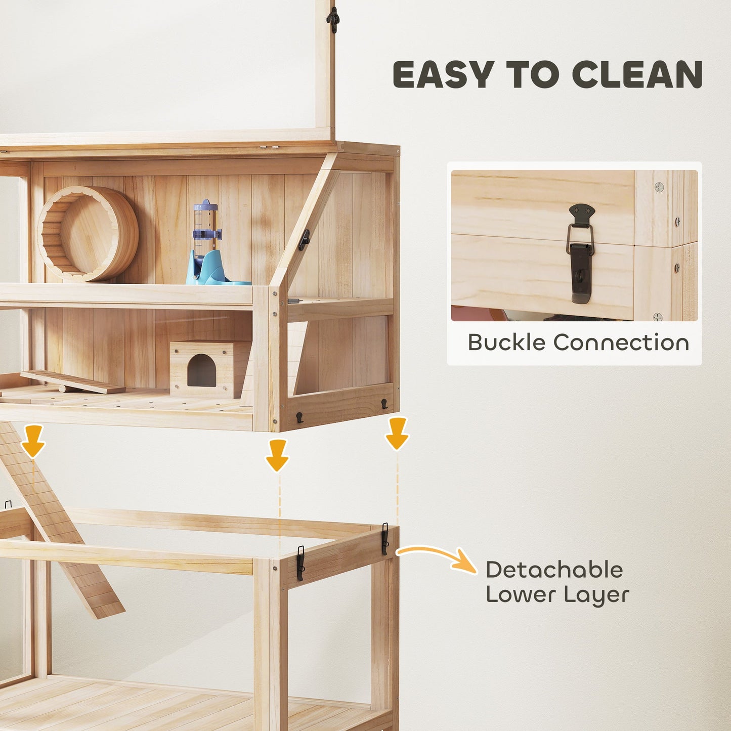 PawHut Wooden Hamster Cage with Detachable Lower Floor, Storage Shelf, Hut, Seesaw, Exercise Wheel, Ramps for Hamster