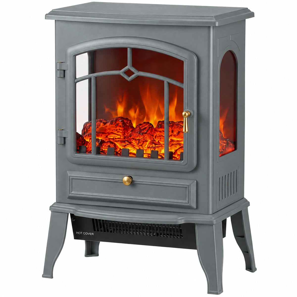 HOMCOM Electric Fireplace Stove, 1000/2000W 3-Sided Freestanding Fireplace Heater with 3D Flame Log, Thermostat, Grey