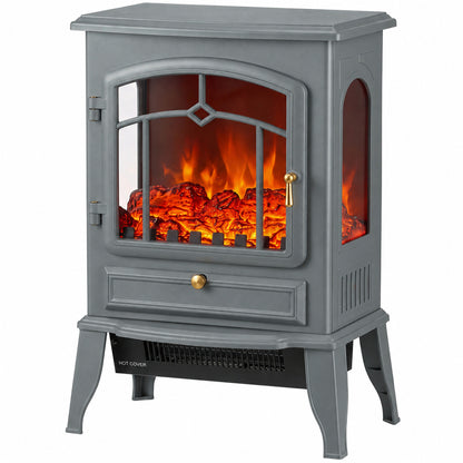HOMCOM Electric Fireplace Stove, 1000/2000W 3-Sided Freestanding Fireplace Heater with 3D Flame Log, Thermostat, Grey