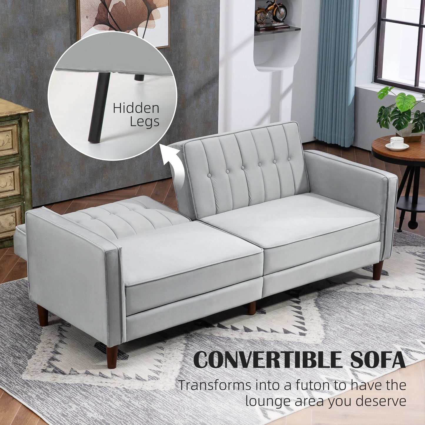 HOMCOM Nowoczesna rozkładana sofa Futon Velvet-Touch, kompaktowa sofa dwuosobowa z regulowanym, dzielonym oparciem, jasnoszara