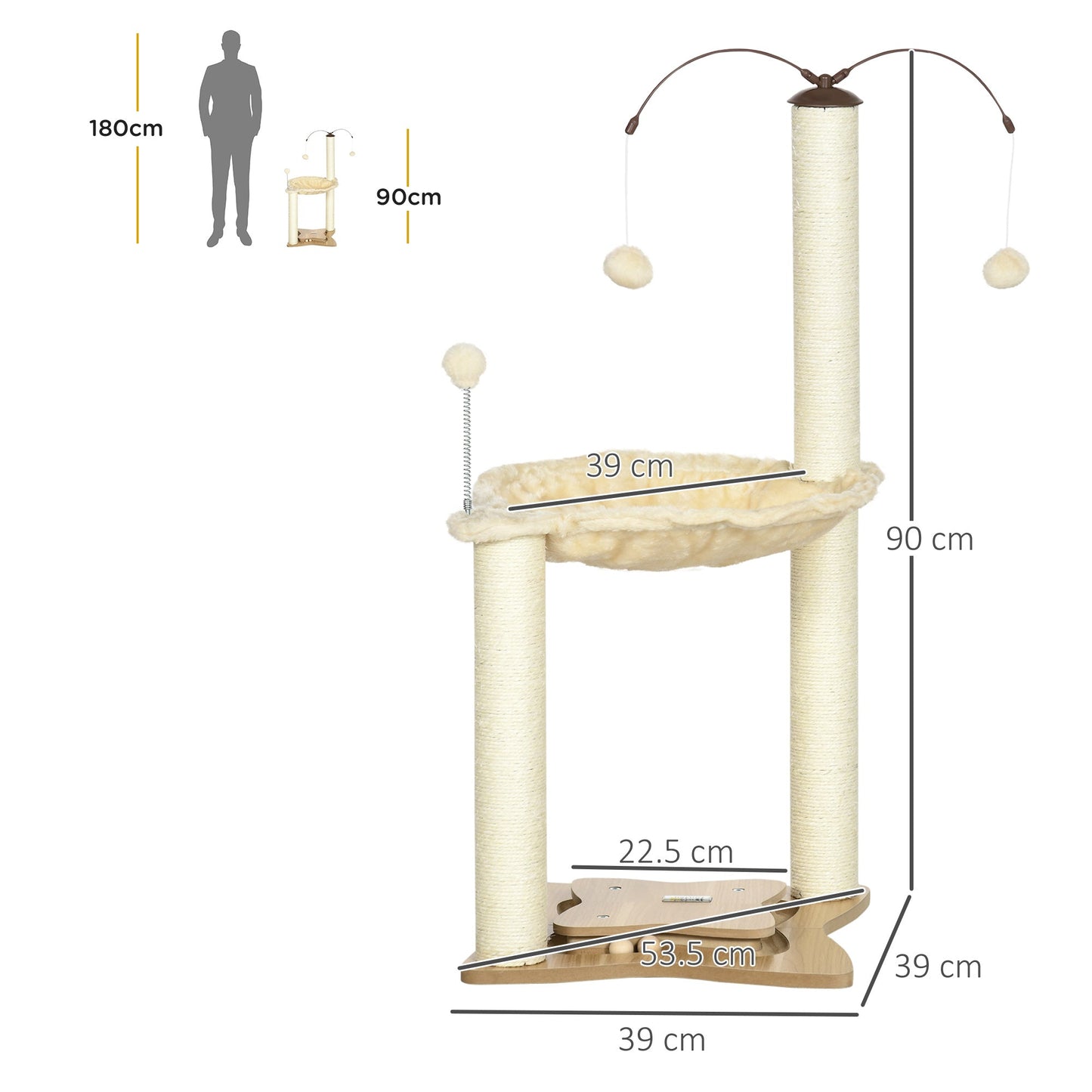 PawHut Cat Tree, with Scratching Posts, Hammock, Toy Ball - Beige