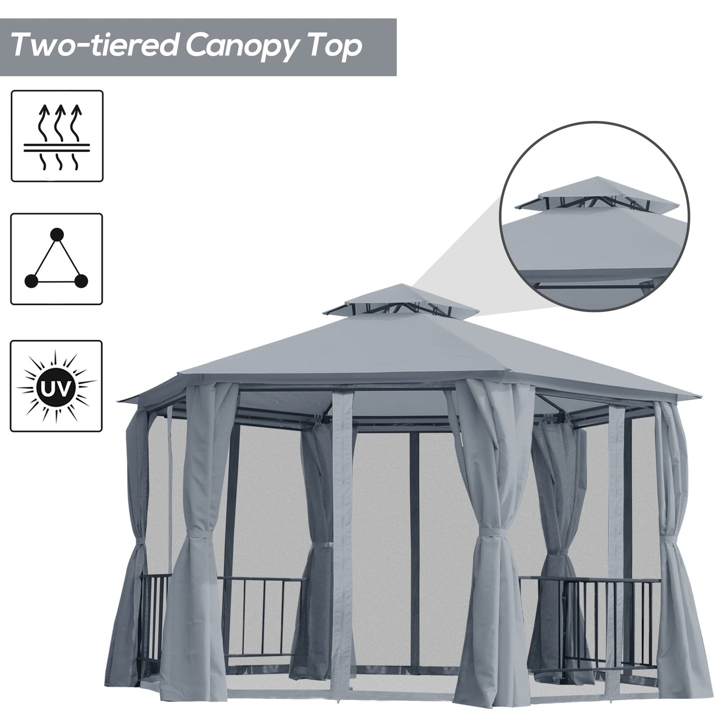 Outsunny Hexagon Gazebo Patio Canopy Party Tent Outdoor Garden Shelter w/ 2 Tier Roof &amp; Side Panel - رمادي