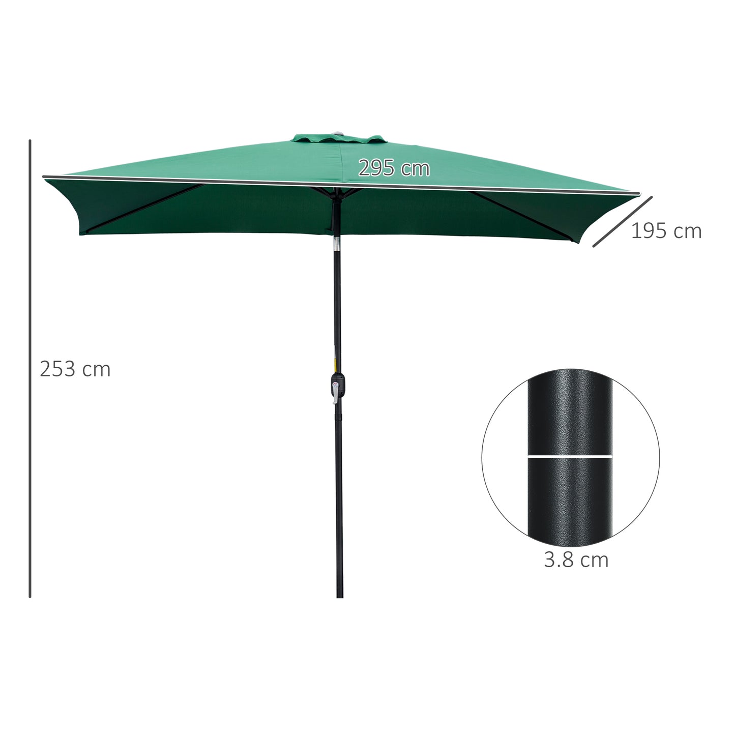 Outsunny 3x2m Patio Parasol ogrodowy Baldachim z aluminiową korbą odchylaną Prostokątny osłona przeciwsłoneczna Stal, zielony