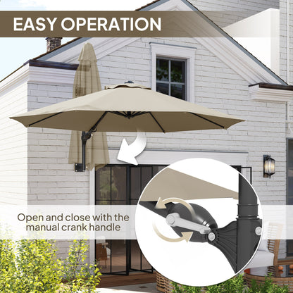 Outsunny 3(m) Wall-Mounted Parasol Shade, with Handle - Khaki