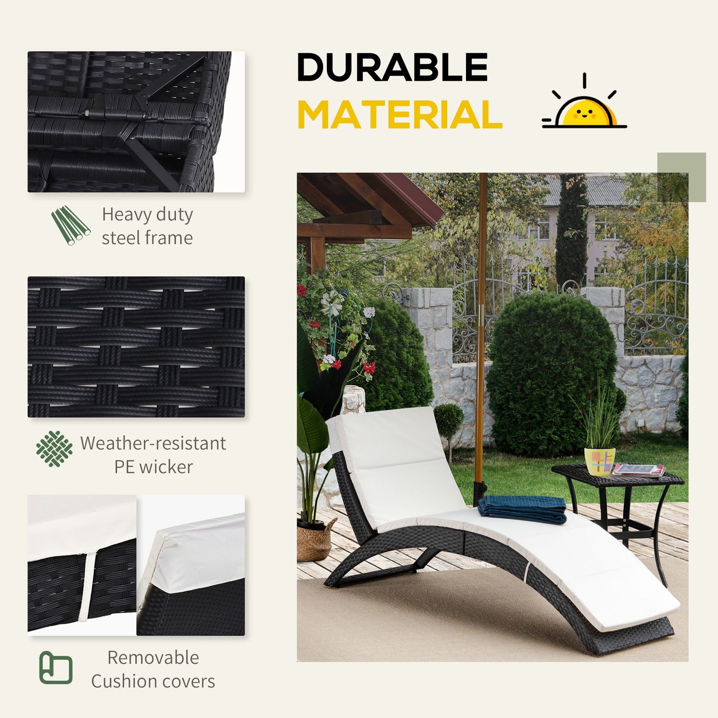 Outsunny Outdoor składany PE Rattan leżak z miękką wyściółką, ergonomiczny zakrzywiony design leżaka na balkon, do ogrodu, czarny